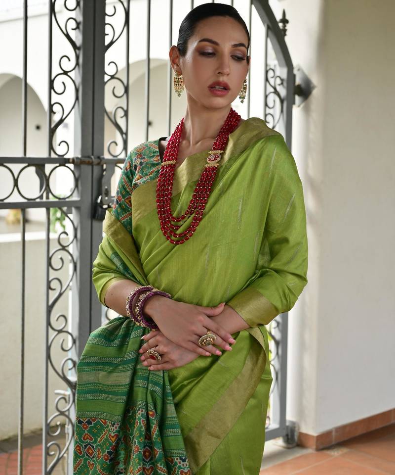 Green khadi raw silk meena weaving patola saree with blouse