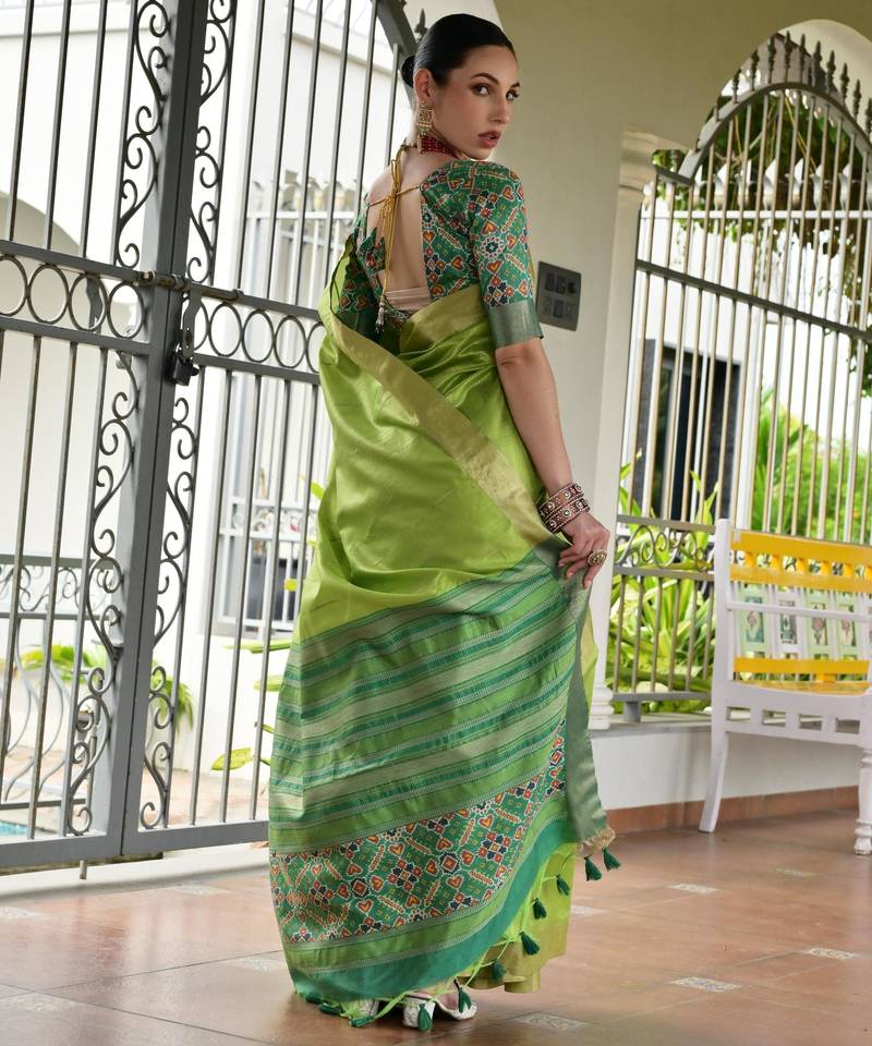 Green khadi raw silk meena weaving patola saree with blouse