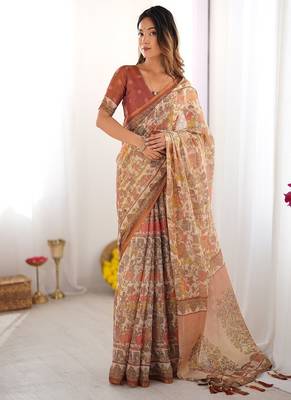 Beige handloom cotton saree with rust blouse and village celebration print 1