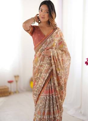 Beige handloom cotton saree with rust blouse and village celebration print 2