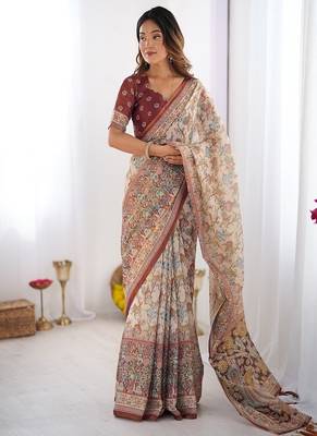Beige & maroon handloom cotton saree with multicolor floral print and majestic bird art pallu 1