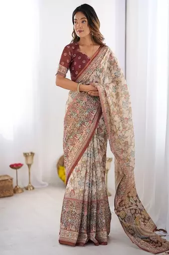 Beige & maroon handloom cotton saree with multicolor floral print and majestic bird art pallu