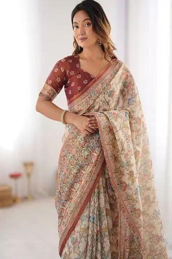 Beige & maroon handloom cotton saree with multicolor floral print and majestic bird art pallu