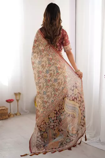Beige & maroon handloom cotton saree with multicolor floral print and majestic bird art pallu