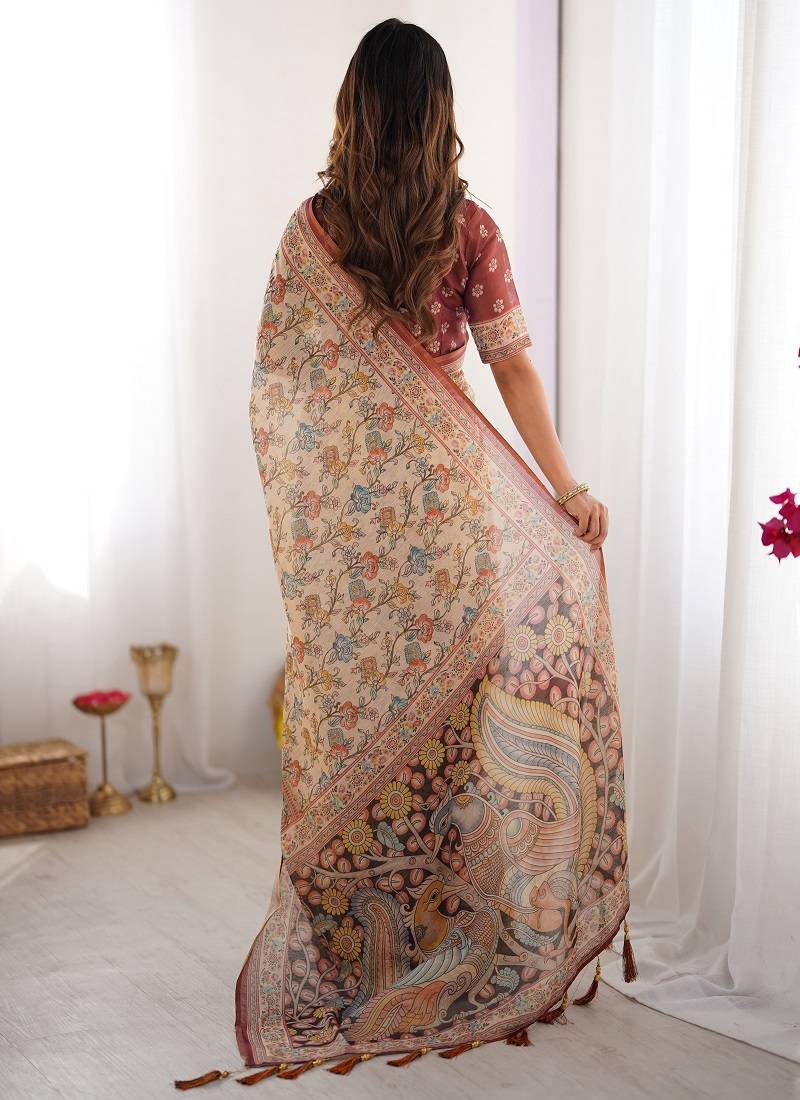 Beige & maroon handloom cotton saree with multicolor floral print and majestic bird art pallu