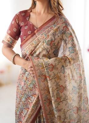 Beige & maroon handloom cotton saree with multicolor floral print and majestic bird art pallu 4