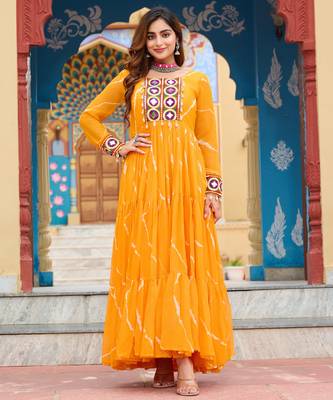 Yellow women   s laheriya print faux georgette gown with kutchi patchwork 1