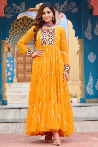 Yellow women’s laheriya print faux georgette gown with kutchi patchwork
