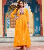 Yellow women’s laheriya print faux georgette gown with kutchi patchwork