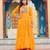 Yellow women’s laheriya print faux georgette gown with kutchi patchwork