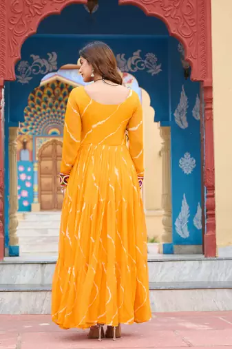Yellow women   s laheriya print faux georgette gown with kutchi patchwork