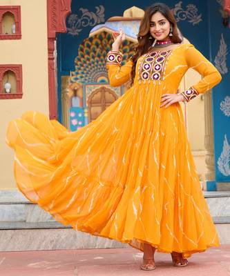 Yellow women   s laheriya print faux georgette gown with kutchi patchwork 3