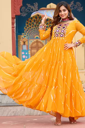 Yellow women   s laheriya print faux georgette gown with kutchi patchwork
