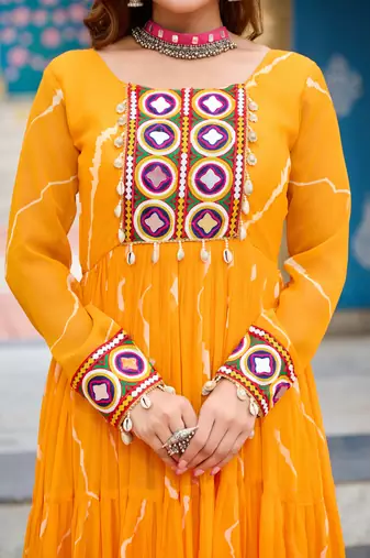 Yellow women   s laheriya print faux georgette gown with kutchi patchwork