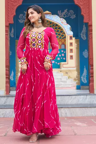 Pink women’s laheriya print faux georgette gown with kutchi patchwork