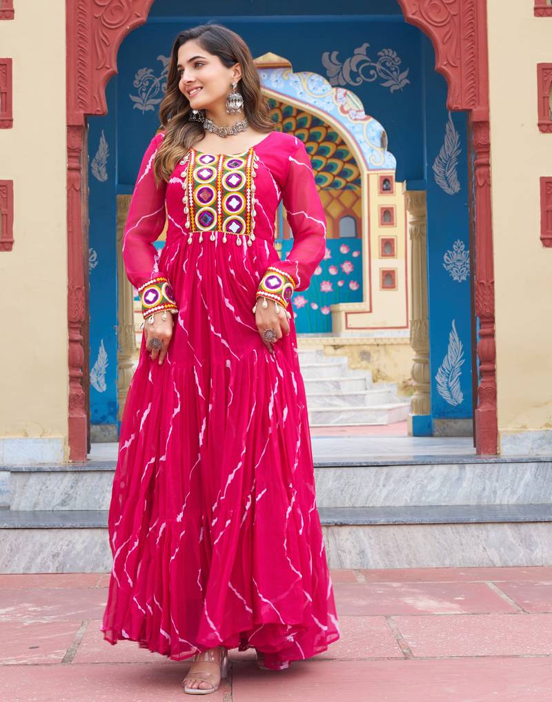 Pink women’s laheriya print faux georgette gown with kutchi patchwork