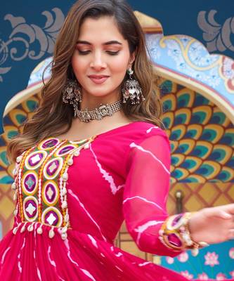 Pink women   s laheriya print faux georgette gown with kutchi patchwork 2