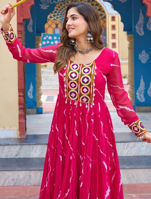 Pink women   s laheriya print faux georgette gown with kutchi patchwork 3