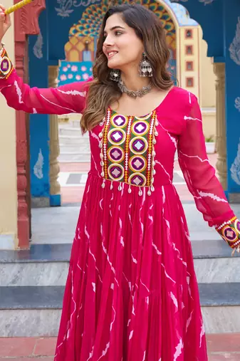 Pink women   s laheriya print faux georgette gown with kutchi patchwork