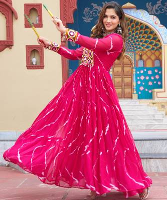 Pink women   s laheriya print faux georgette gown with kutchi patchwork 4