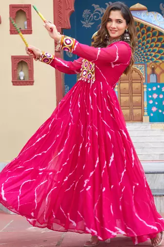 Pink women   s laheriya print faux georgette gown with kutchi patchwork