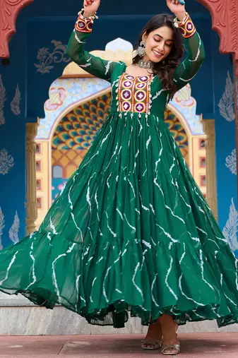 Green women   s laheriya print faux georgette gown with kutchi patchwork