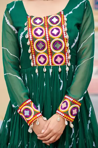 Green women   s laheriya print faux georgette gown with kutchi patchwork
