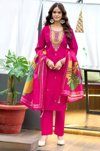 Pink women’s premium viscos roman silk kurti set with hand & embroidery work