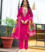 Pink women’s premium viscos roman silk kurti set with hand & embroidery work