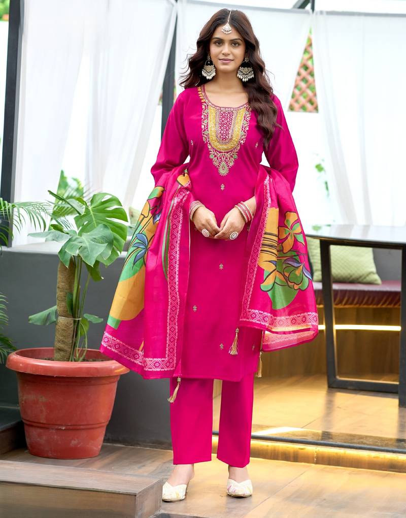 Pink women’s premium viscos roman silk kurti set with hand & embroidery work