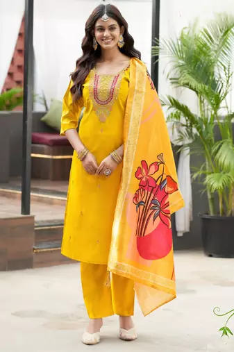Yellow women’s premium viscos roman silk kurti set with hand & embroidery work