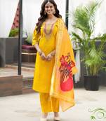 Yellow women’s premium viscos roman silk kurti set with hand & embroidery work