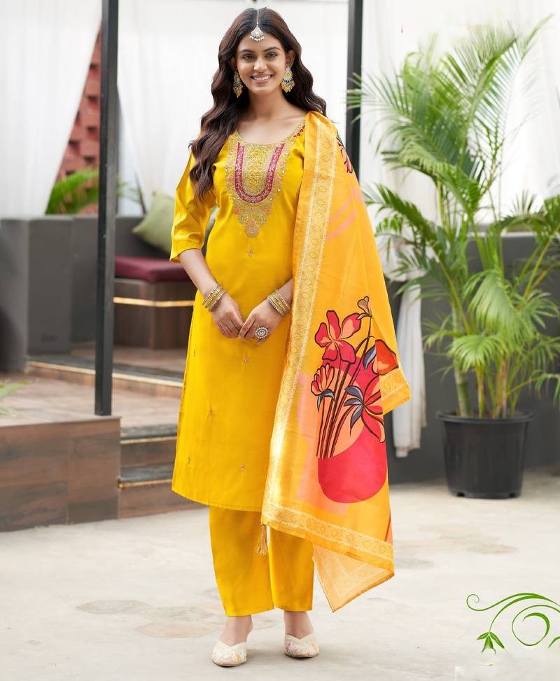 Yellow women’s premium viscos roman silk kurti set with hand & embroidery work
