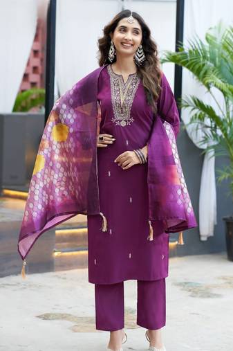 Purple premium viscos roman silk kurti set with hand & embroidery work