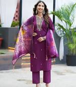 Purple women’s premium viscos roman silk kurti set with hand & embroidery work