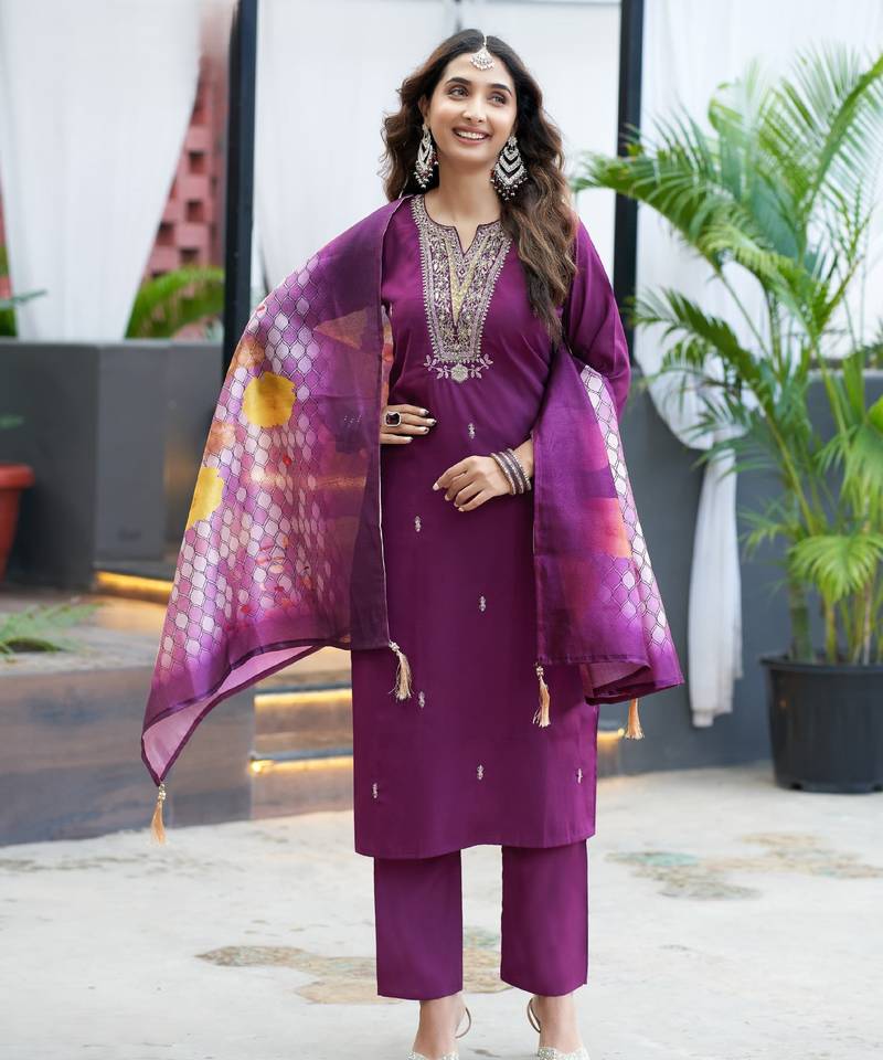 Purple women’s premium viscos roman silk kurti set with hand & embroidery work