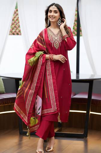 Red women’s premium viscos roman silk kurti set with hand & embroidery work