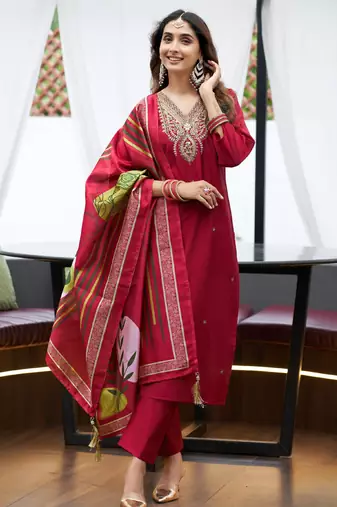 Red women’s premium viscos roman silk kurti set with hand & embroidery work