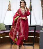 Red women’s premium viscos roman silk kurti set with hand & embroidery work