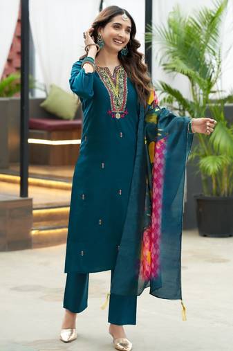 Teal blue women’s premium viscos roman silk kurti set with hand & embroidery work