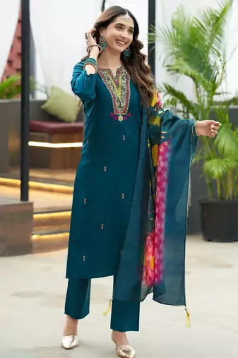 Teal blue women’s premium viscos roman silk kurti set with hand & embroidery work