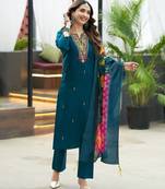 Teal blue women’s premium viscos roman silk kurti set with hand & embroidery work