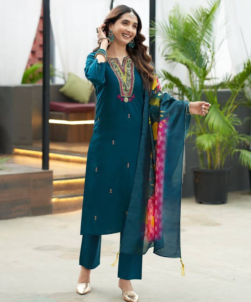 Teal blue women’s premium viscos roman silk kurti set with hand & embroidery work