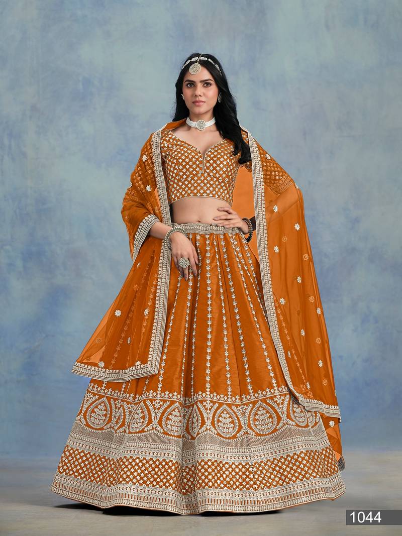 Orange Art Silk Embroidered Semi Stitched Lehenga Choli Size Up To 42