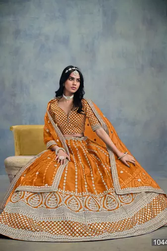 Orange Art Silk Embroidered Semi Stitched Lehenga Choli Size Up To 42