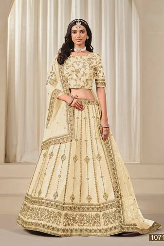 Cream Art Silk Embroidered Semi Stitched Lehenga Choli Size Up To 42