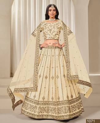 Cream Art Silk Embroidered Semi Stitched Lehenga Choli Size Up To 42 2