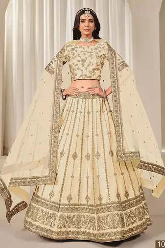 Cream Art Silk Embroidered Semi Stitched Lehenga Choli Size Up To 42