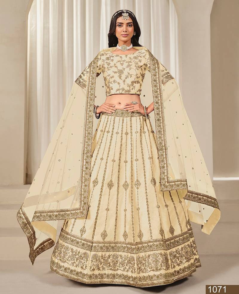 Cream Art Silk Embroidered Semi Stitched Lehenga Choli Size Up To 42