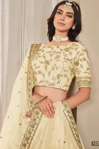 Cream Art Silk Embroidered Semi Stitched Lehenga Choli Size Up To 42